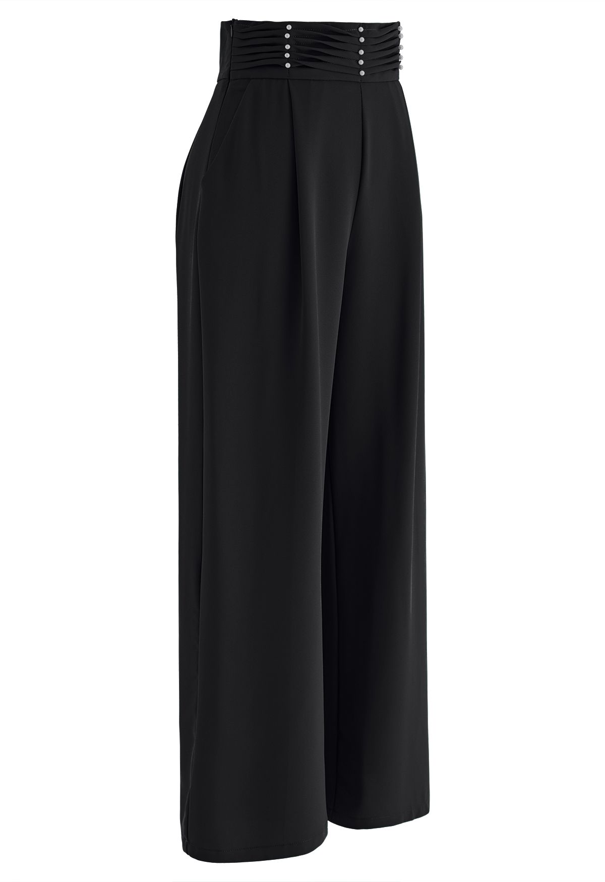Perlige, plissierte Hose mit weitem Bein in Schwarz