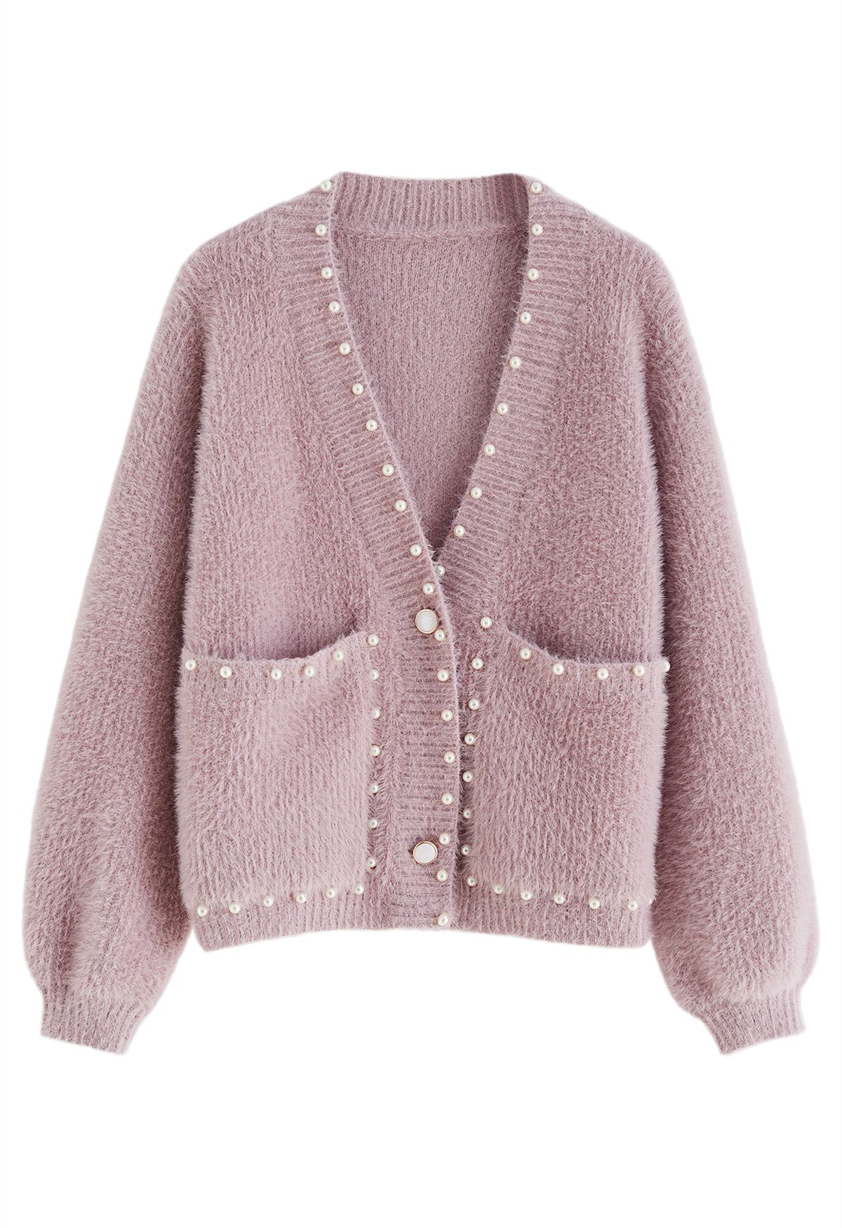 Fuzzy-Strickjacke mit Perlenbesatz und Tasche in Altrosa