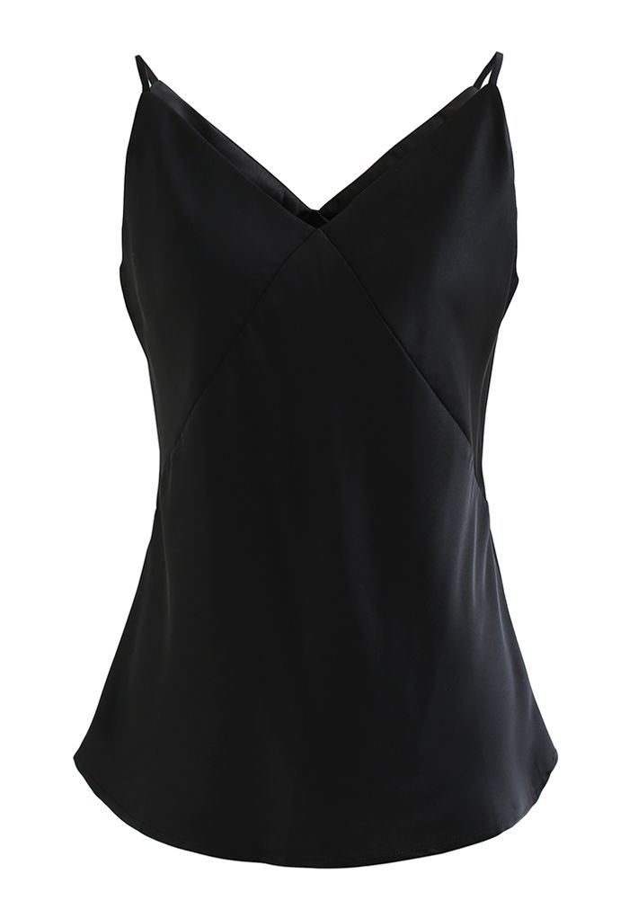 Satin Cami Tanktop mit V-Ausschnitt in Schwarz