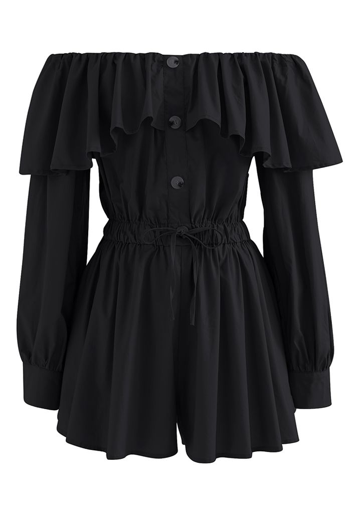 Schulterfreier Playsuit mit Knöpfen in Schwarz