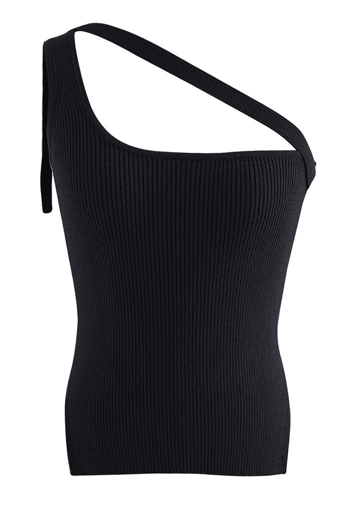 Strick-Tanktop mit Knopfleiste und einer Schulter in Schwarz