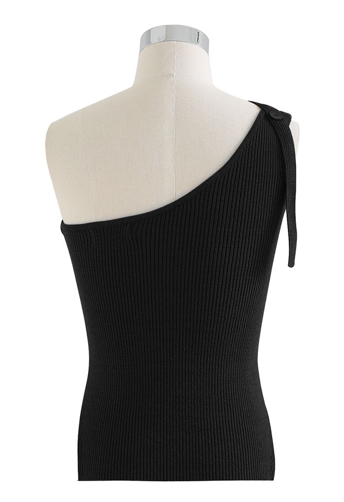 Strick-Tanktop mit Knopfleiste und einer Schulter in Schwarz