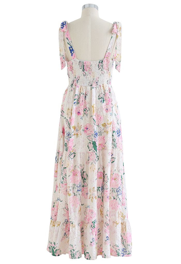 Maxikleid mit rosa Blumenstickerei und Ösen