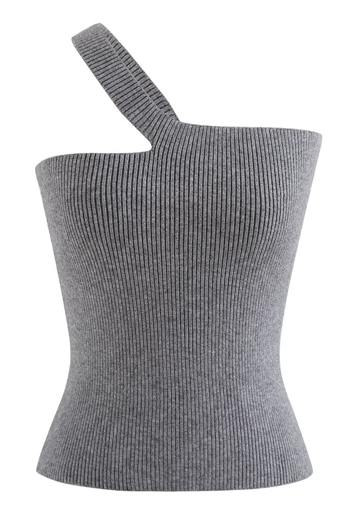 Crop-Strick-Tanktop mit schrägen Schultern in Grau