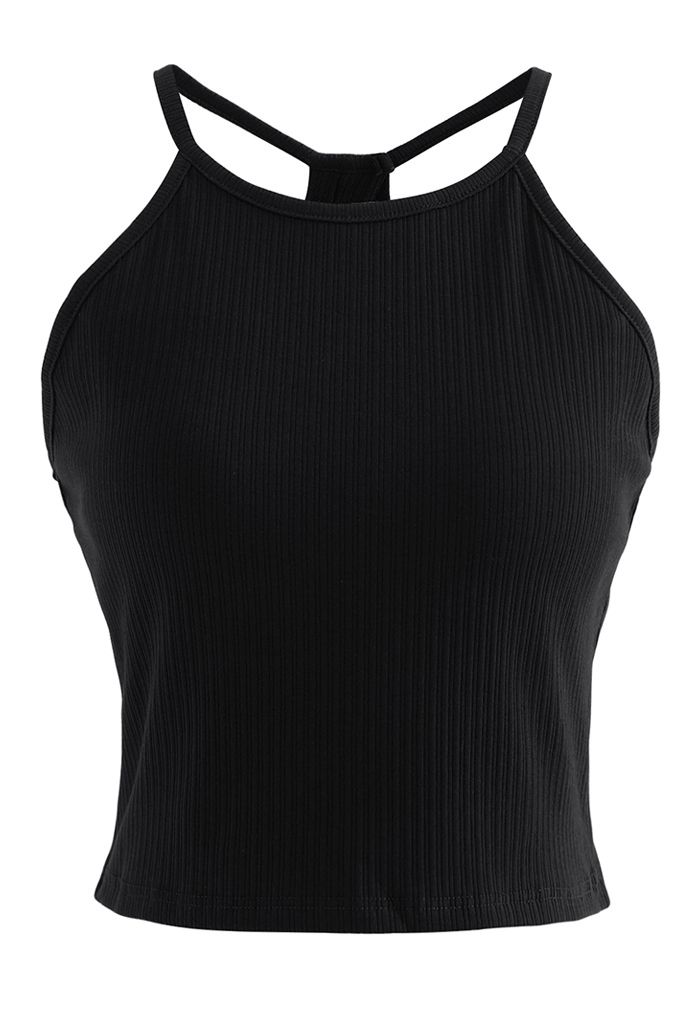 Geripptes Neckholder-Top mit Racerback in Schwarz