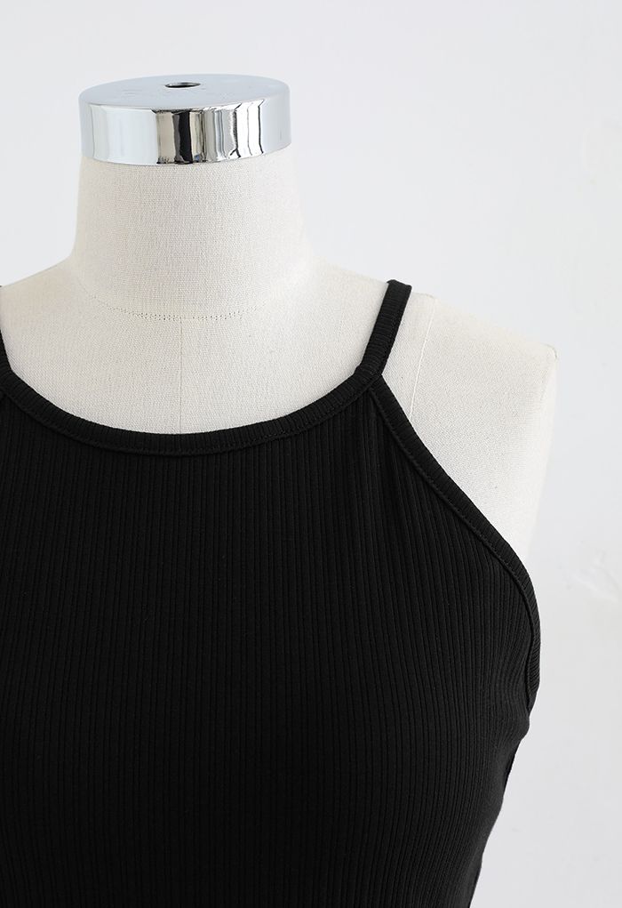 Geripptes Neckholder-Top mit Racerback in Schwarz