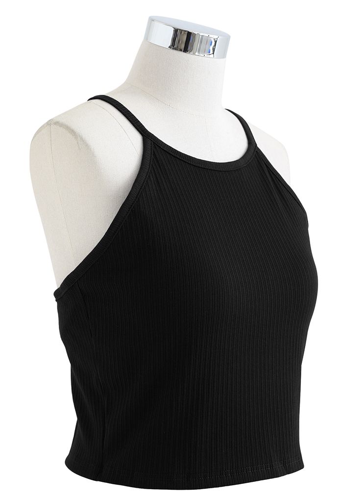 Geripptes Neckholder-Top mit Racerback in Schwarz