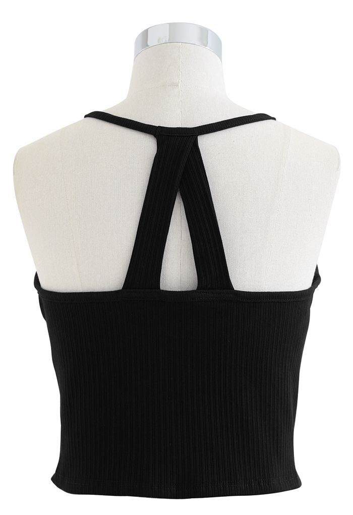 Geripptes Neckholder-Top mit Racerback in Schwarz