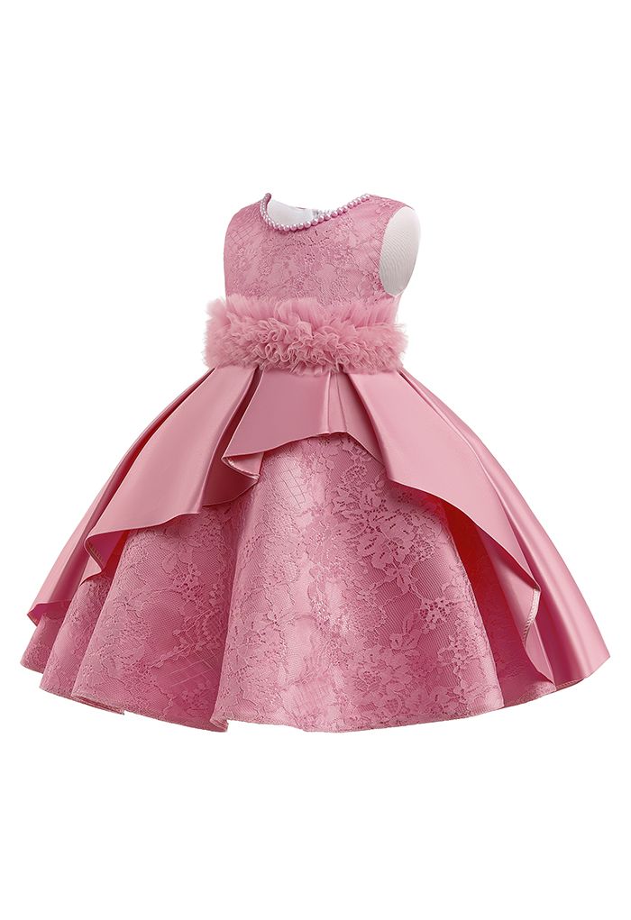 Blumenspitze-Rüschen-Mesh-Prinzessin-Kleid in Rosa für Kinder
