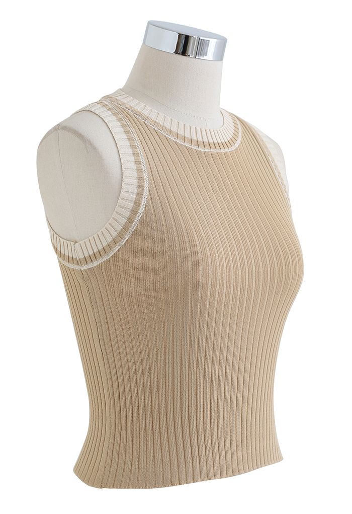 Zweifarbiges, geripptes Strick-Tanktop in Camel