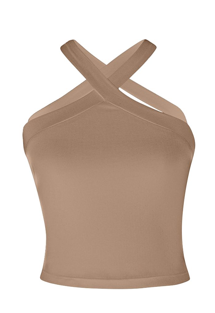 Cropped-Top mit überkreuztem Neckholder in Camel