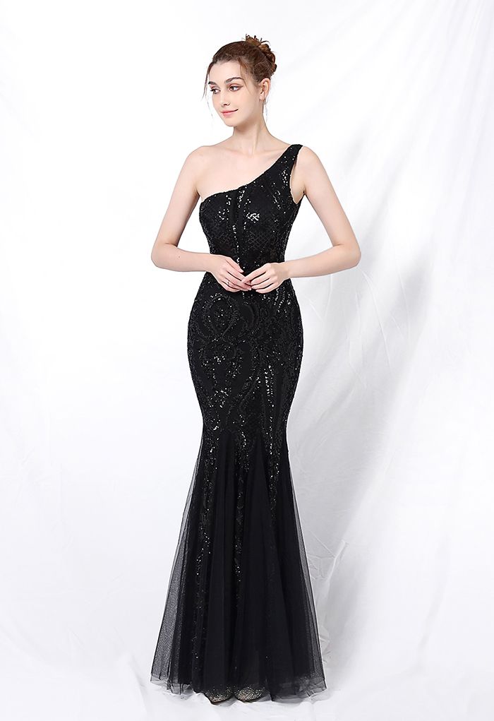 One-Shoulder-Netzkleid mit Blumengitter und Pailletten in Schwarz