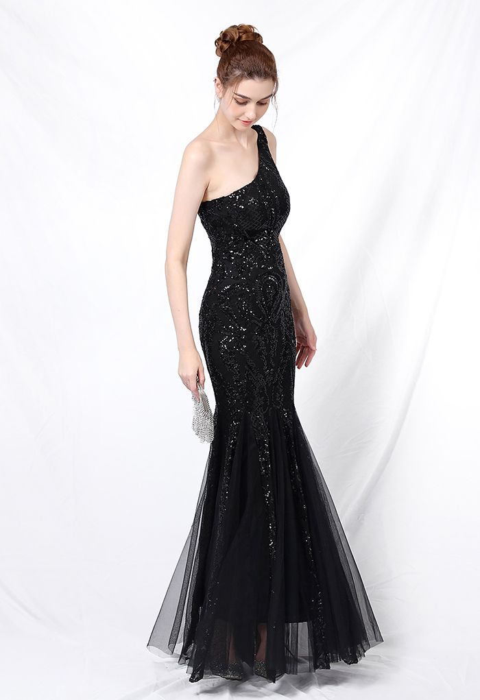 One-Shoulder-Netzkleid mit Blumengitter und Pailletten in Schwarz