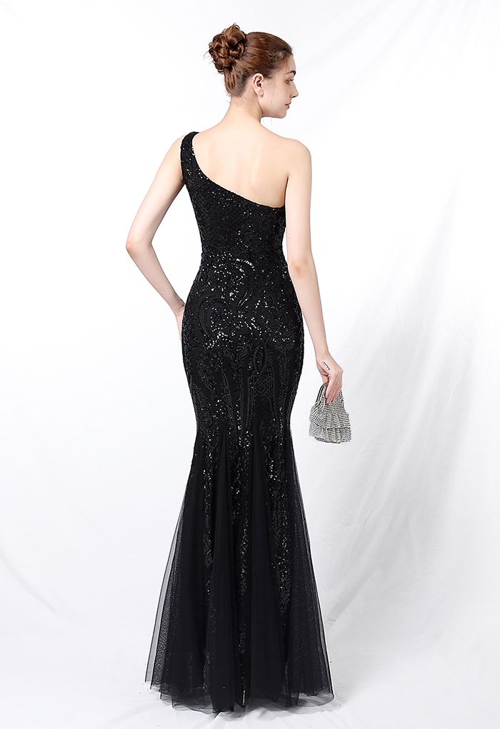 One-Shoulder-Netzkleid mit Blumengitter und Pailletten in Schwarz