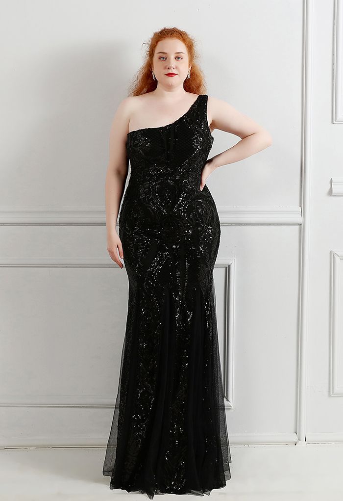 One-Shoulder-Netzkleid mit Blumengitter und Pailletten in Schwarz