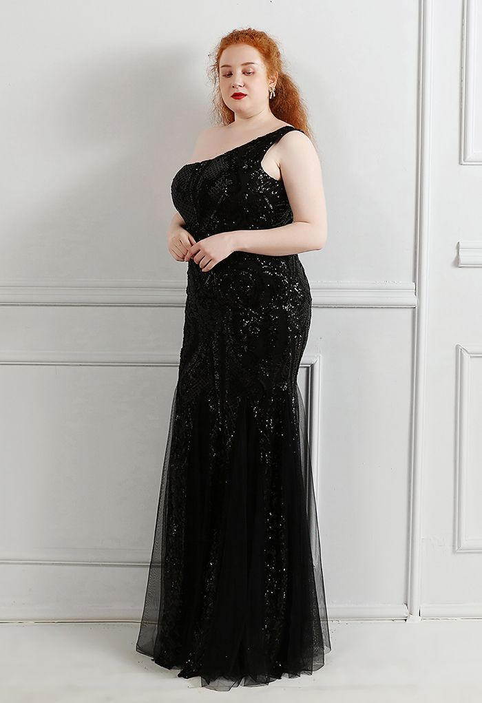 One-Shoulder-Netzkleid mit Blumengitter und Pailletten in Schwarz