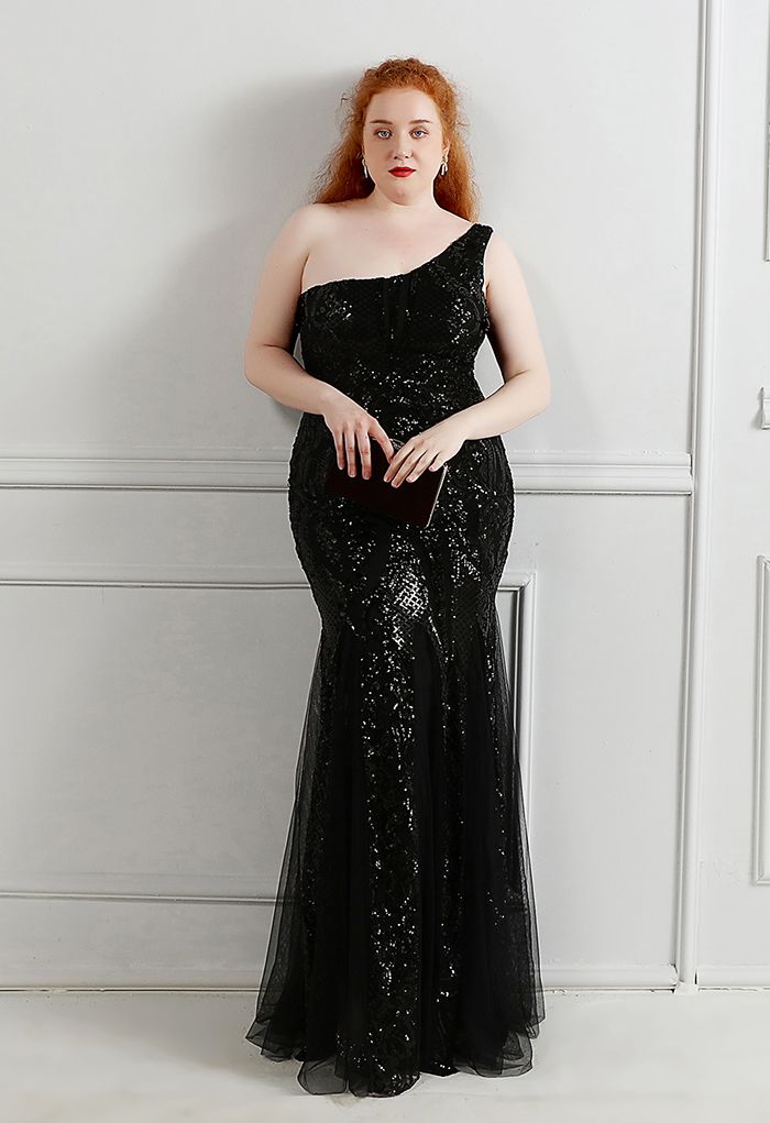 One-Shoulder-Netzkleid mit Blumengitter und Pailletten in Schwarz