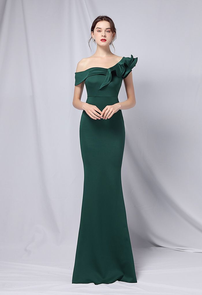 Rüschen One-Shoulder-Nixe-Satin-Kleid in Smaragdgrün