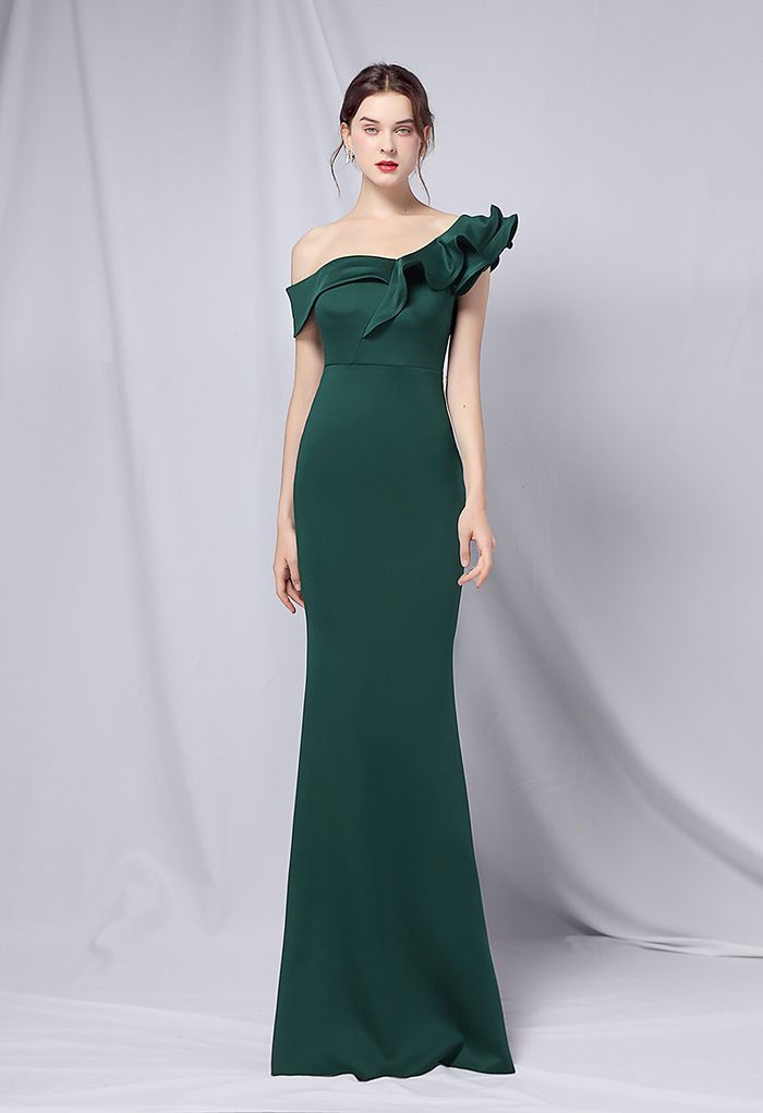 Rüschen One-Shoulder-Nixe-Satin-Kleid in Smaragdgrün