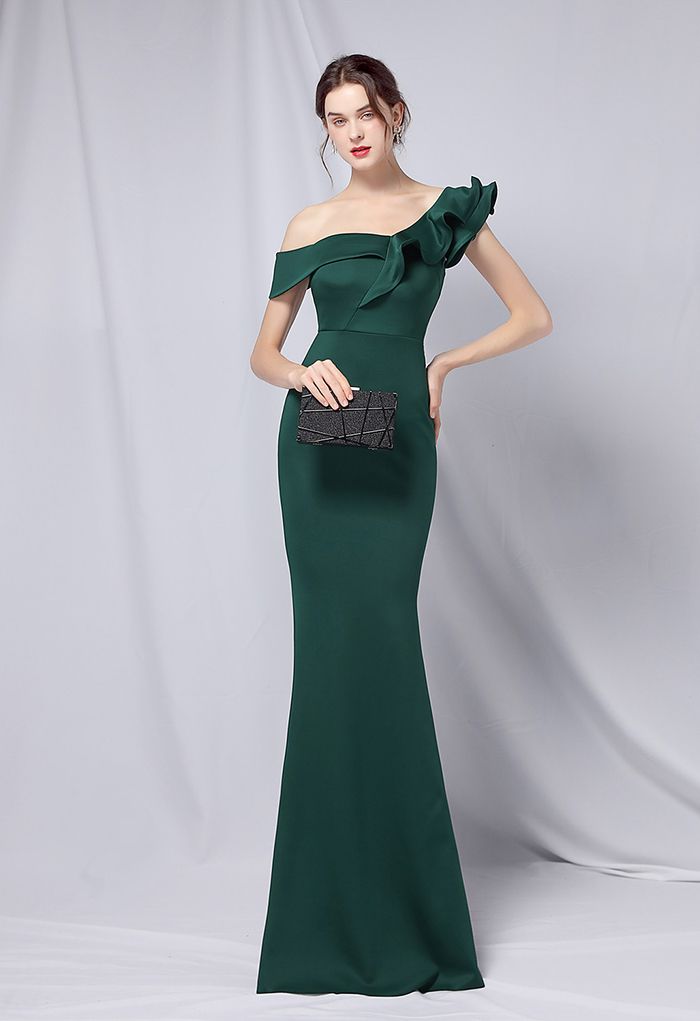 Rüschen One-Shoulder-Nixe-Satin-Kleid in Smaragdgrün