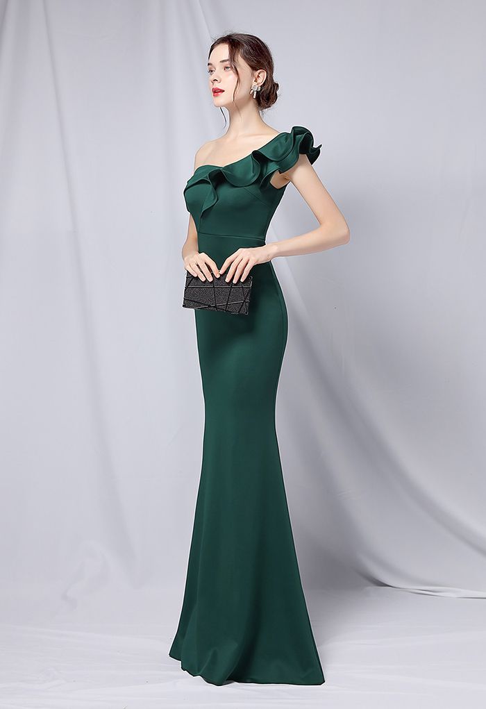 Rüschen One-Shoulder-Nixe-Satin-Kleid in Smaragdgrün