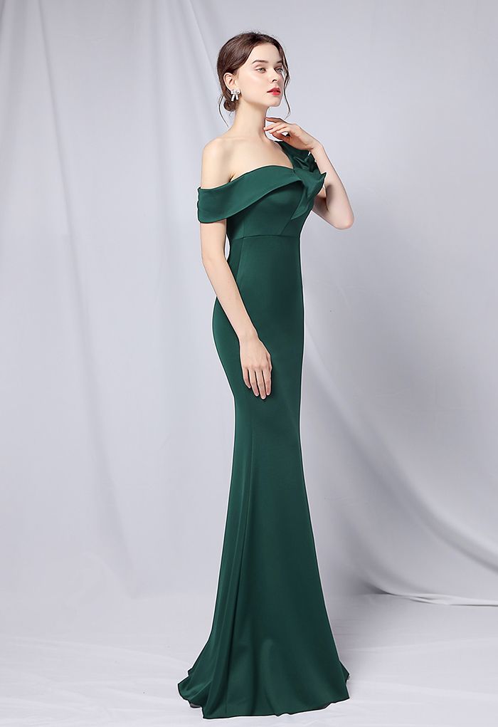 Rüschen One-Shoulder-Nixe-Satin-Kleid in Smaragdgrün