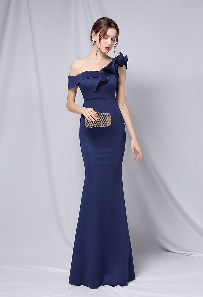 Rüschen-One-Shoulder-Nixe-Satin-Kleid in Marineblau