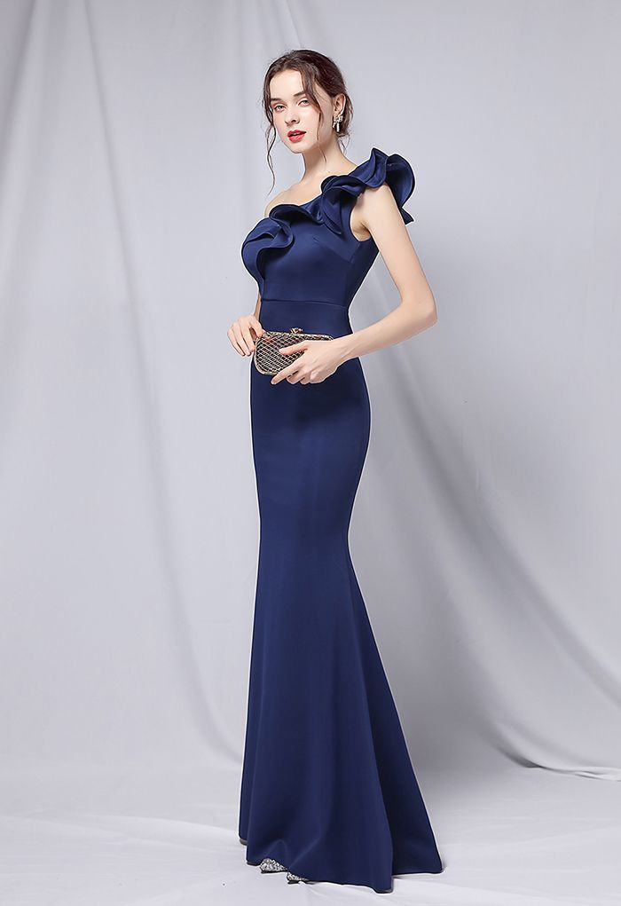 Rüschen-One-Shoulder-Nixe-Satin-Kleid in Marineblau