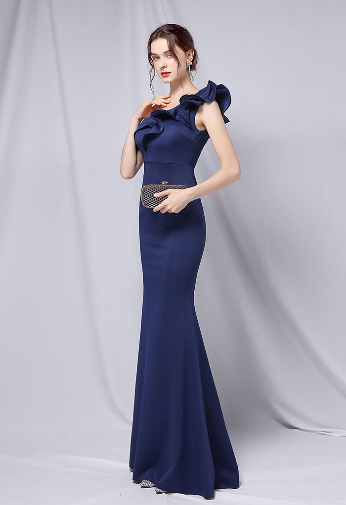 Rüschen-One-Shoulder-Nixe-Satin-Kleid in Marineblau