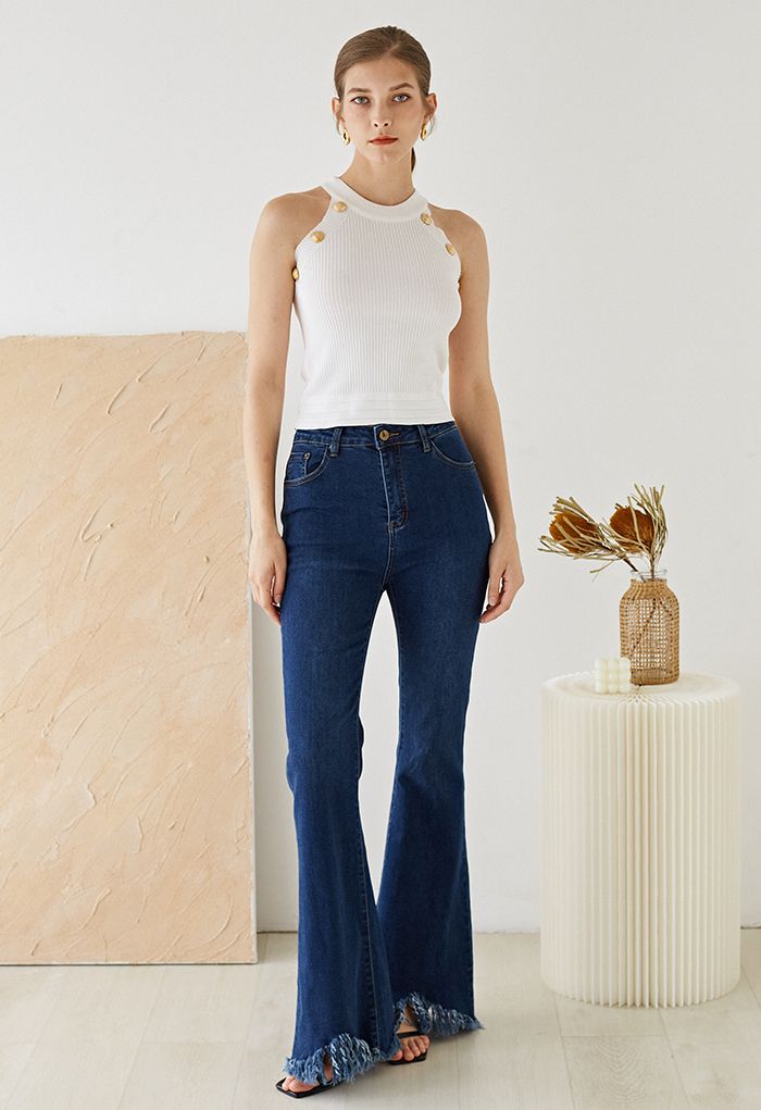 Klassische Flare-Jeans mit Troddelsaum und Taschen in Marineblau