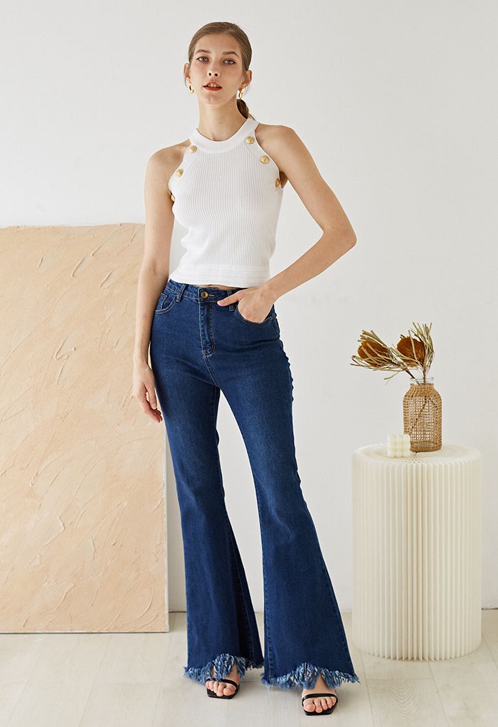 Klassische Flare-Jeans mit Troddelsaum und Taschen in Marineblau