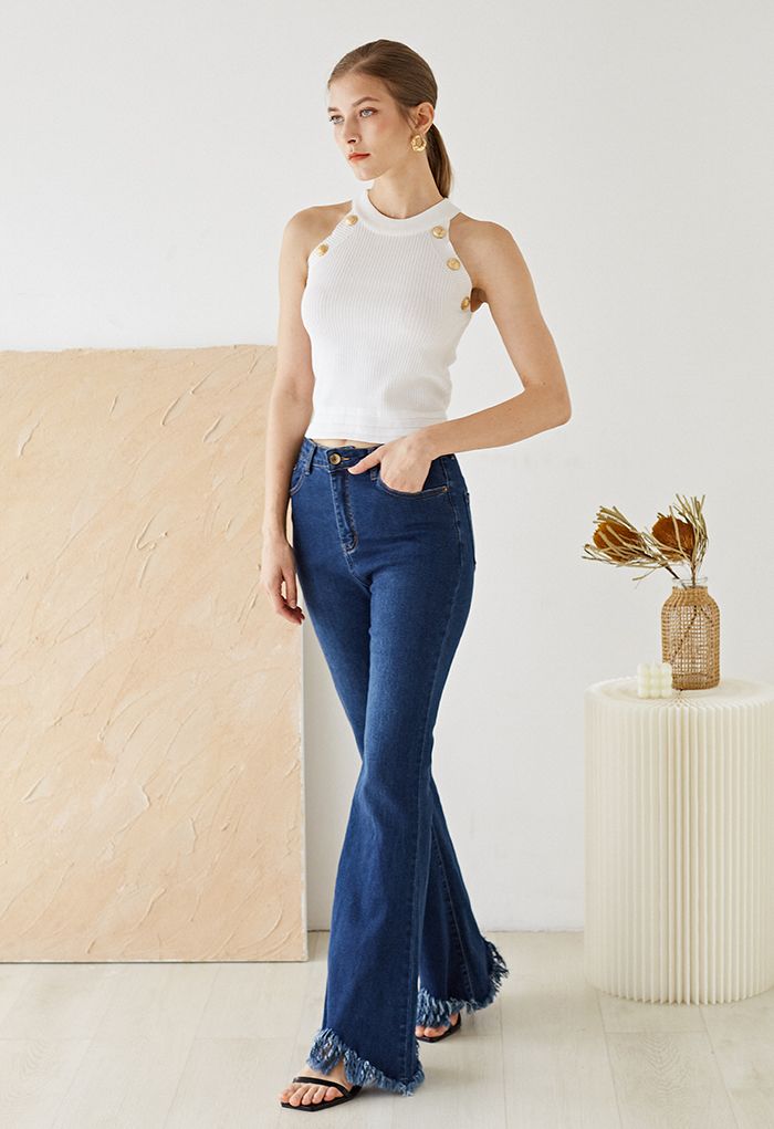 Klassische Flare-Jeans mit Troddelsaum und Taschen in Marineblau