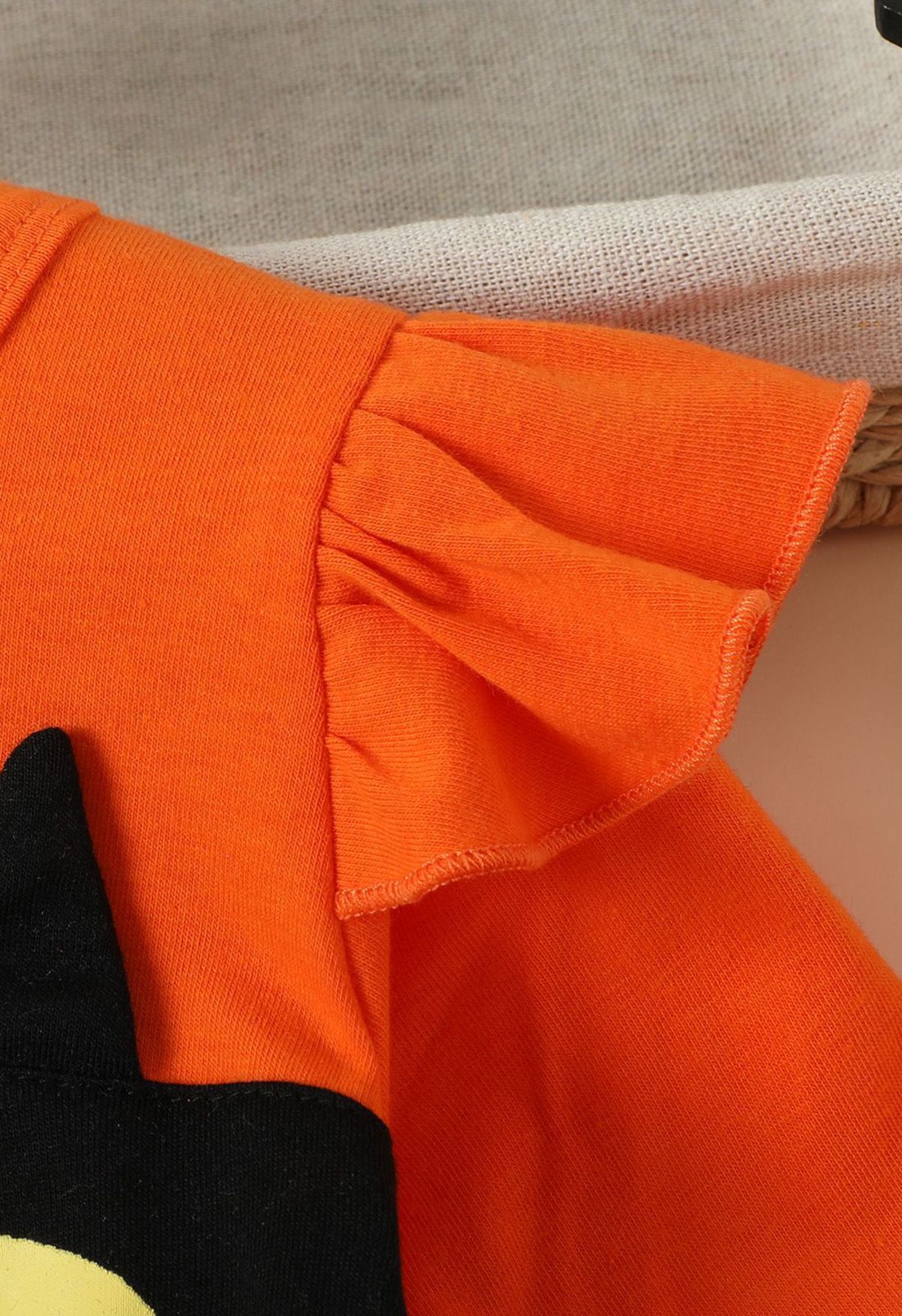 Schwarzes, gespleißtes Kleid mit Rüschen und Mesh-Tüll für Kinder in Orange