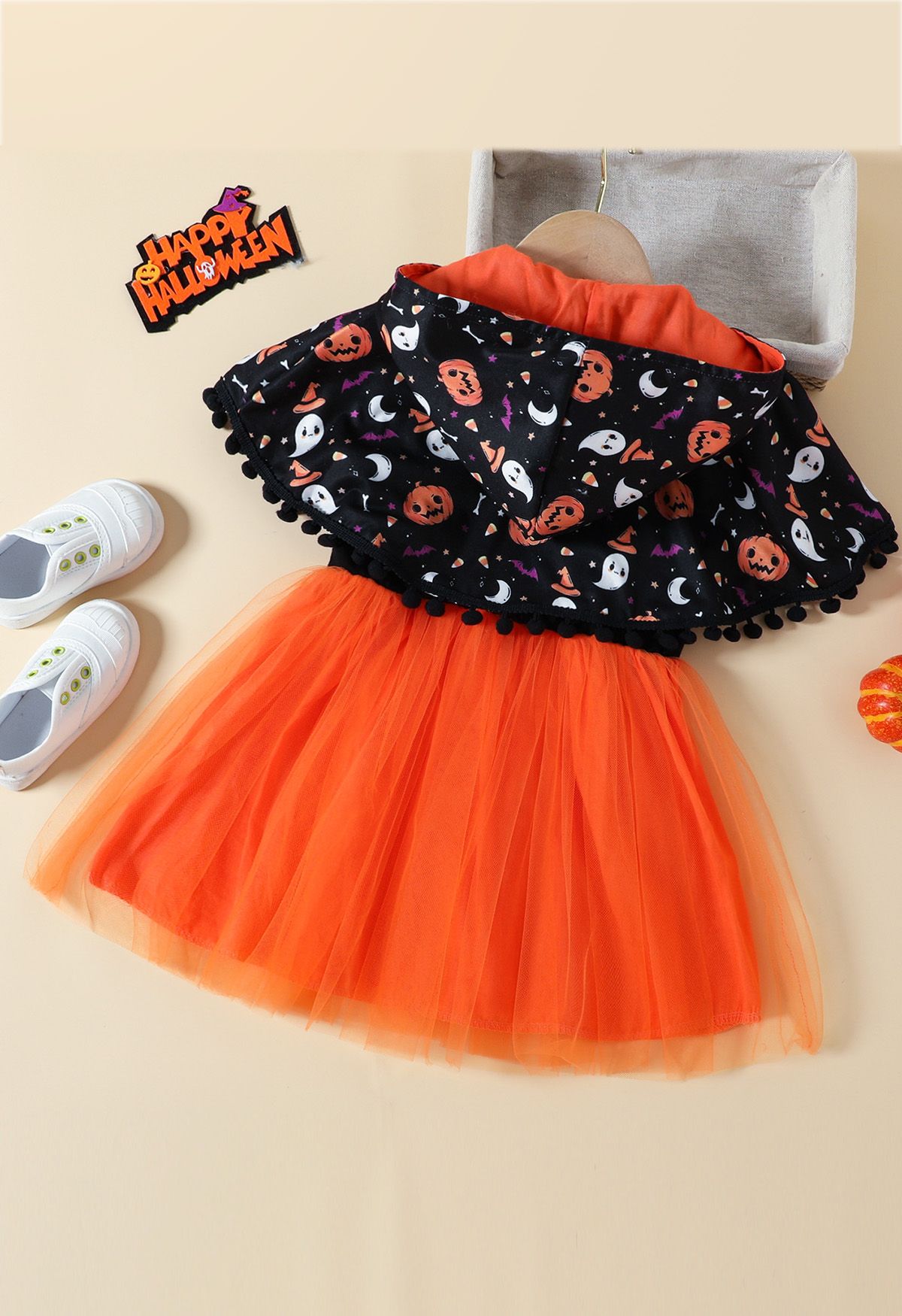 Halloween-Geist-Kürbis-Netzkleid für Kinder mit Kapuzenumhang