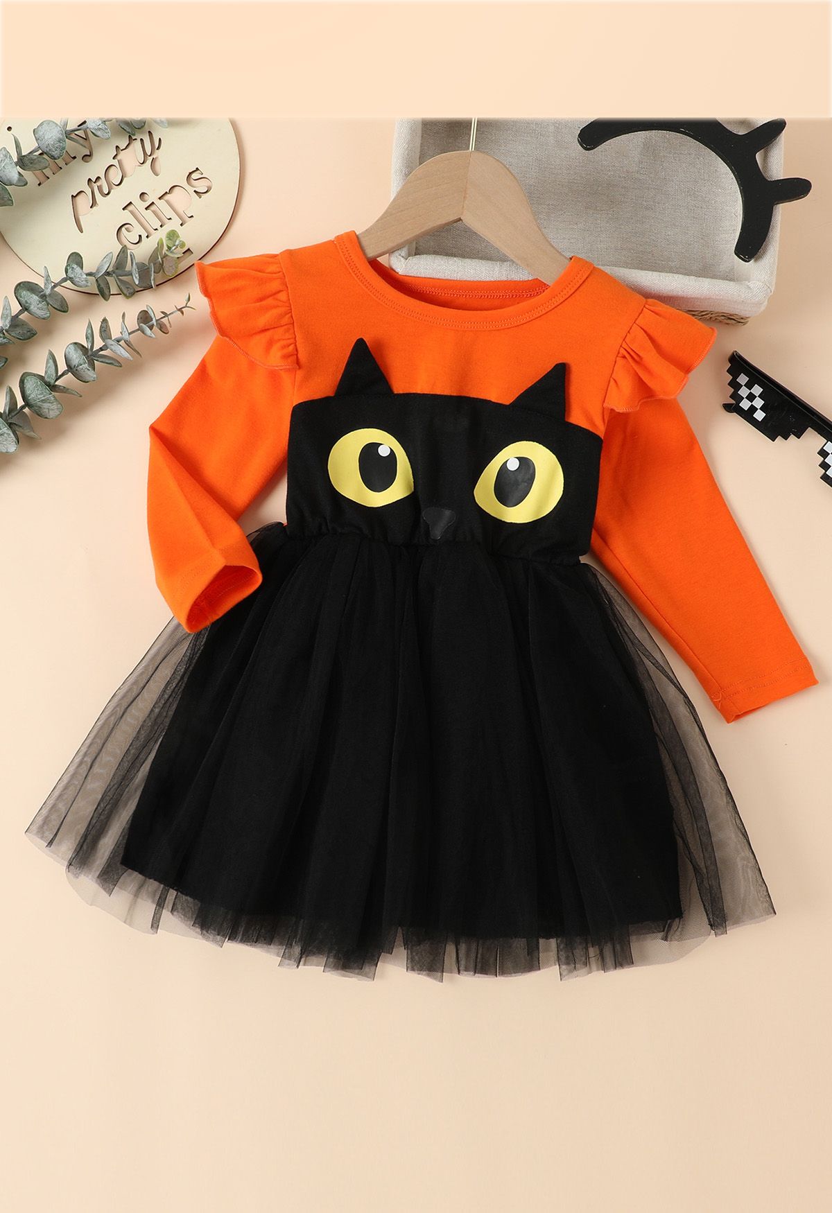 Schwarzes, gespleißtes Kleid mit Rüschen und Mesh-Tüll für Kinder in Orange