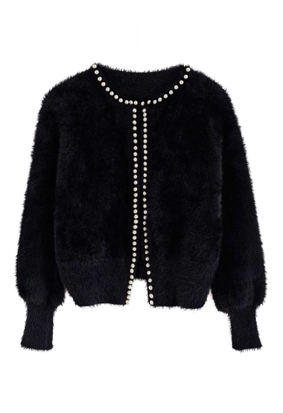 Perlige Fuzzy-Strickjacke mit offener Vorderseite in Schwarz