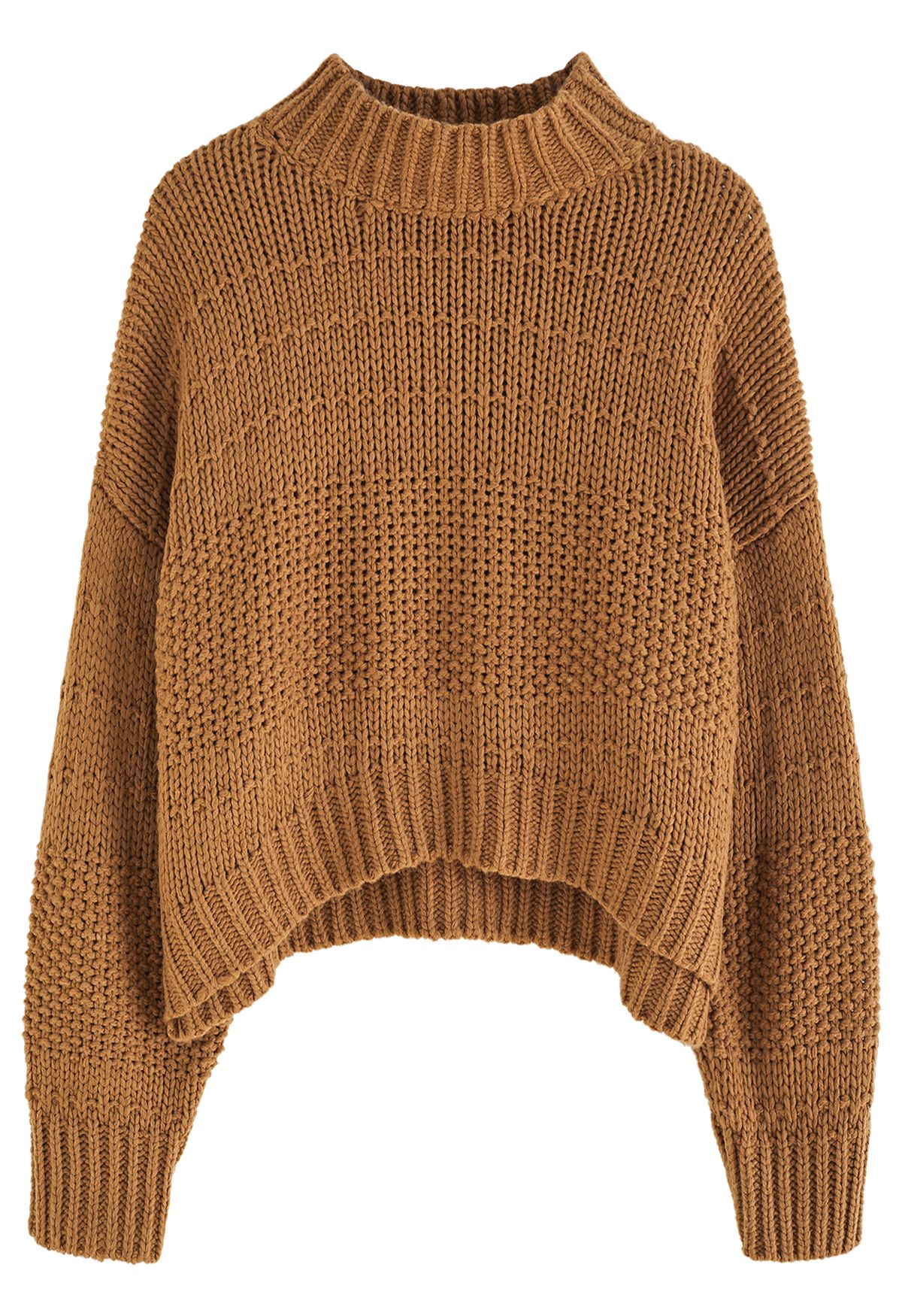 Hi-Lo Grobstrickpullover mit Stehkragen in Karamell