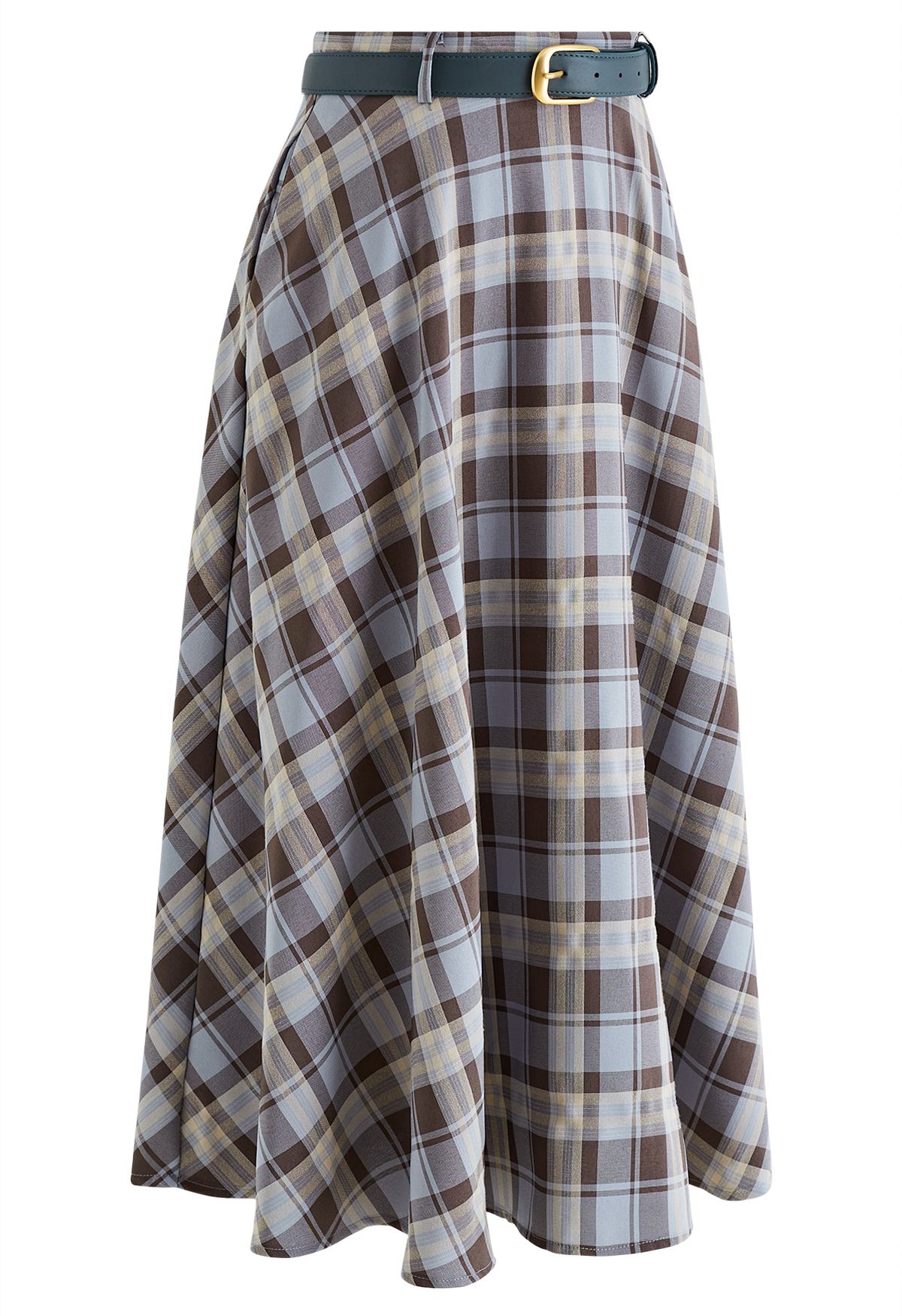 Vintage Belted Plaid Midi-Rock in Staubblau