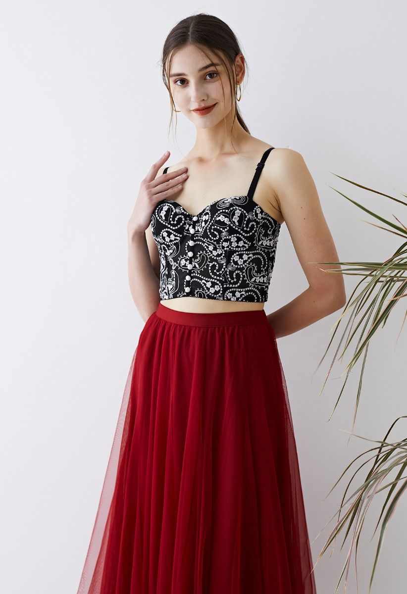 Bustier-Crop-Top mit Blumenstickerei in Schwarz