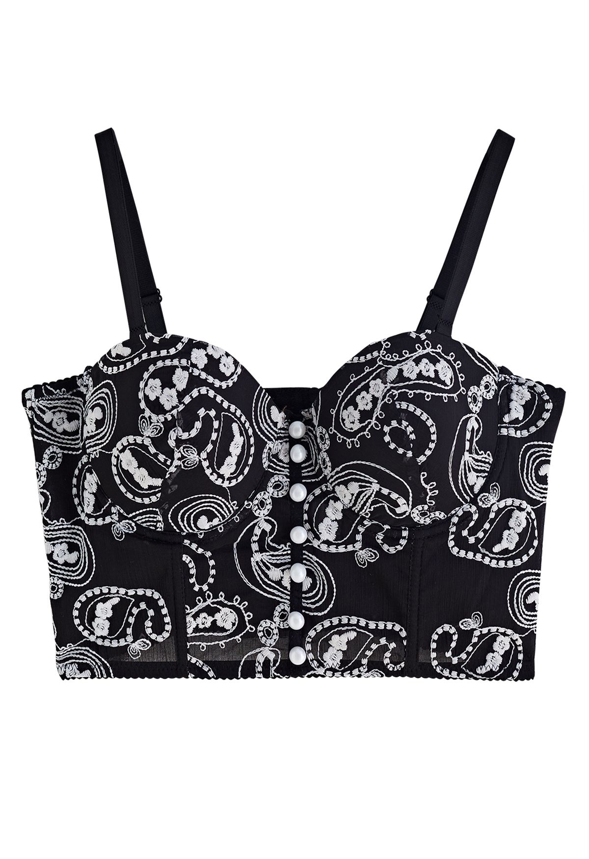 Bustier-Crop-Top mit Blumenstickerei in Schwarz