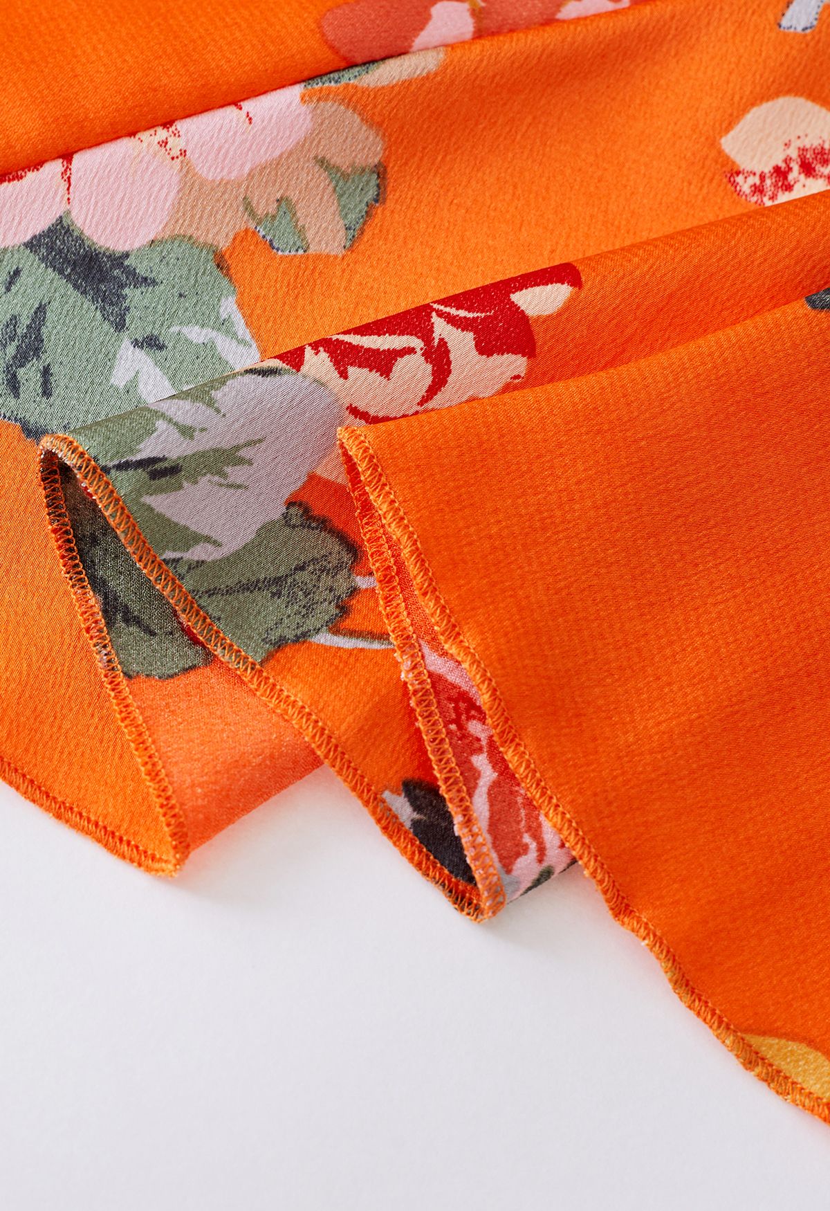 Verträumtes Blumenstrauß-bedrucktes Rüschenkleid mit Blasenärmeln in Orange