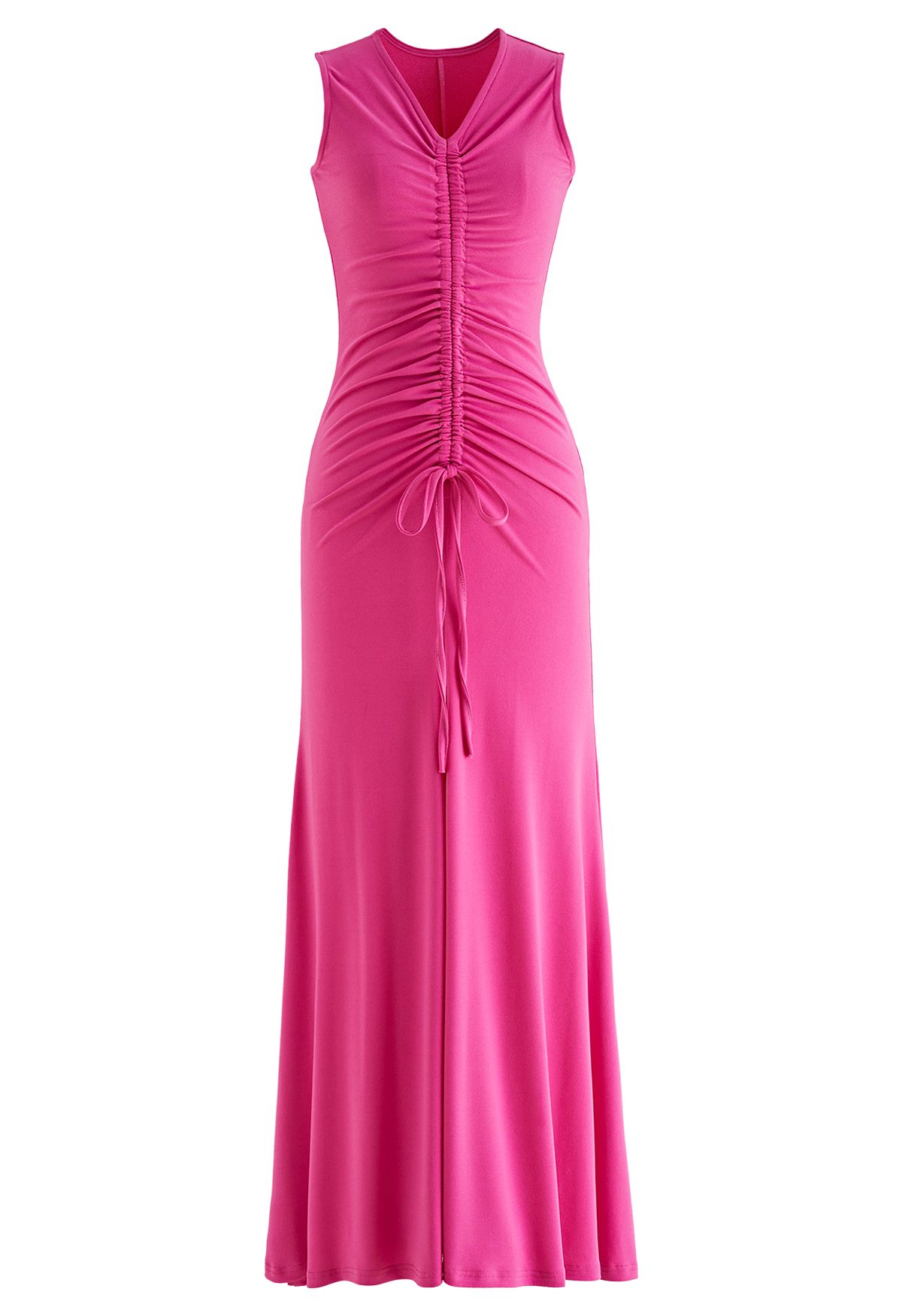 Ärmelloses Kleid mit V-Ausschnitt, Kordelzug und Rüschen in Hot Pink