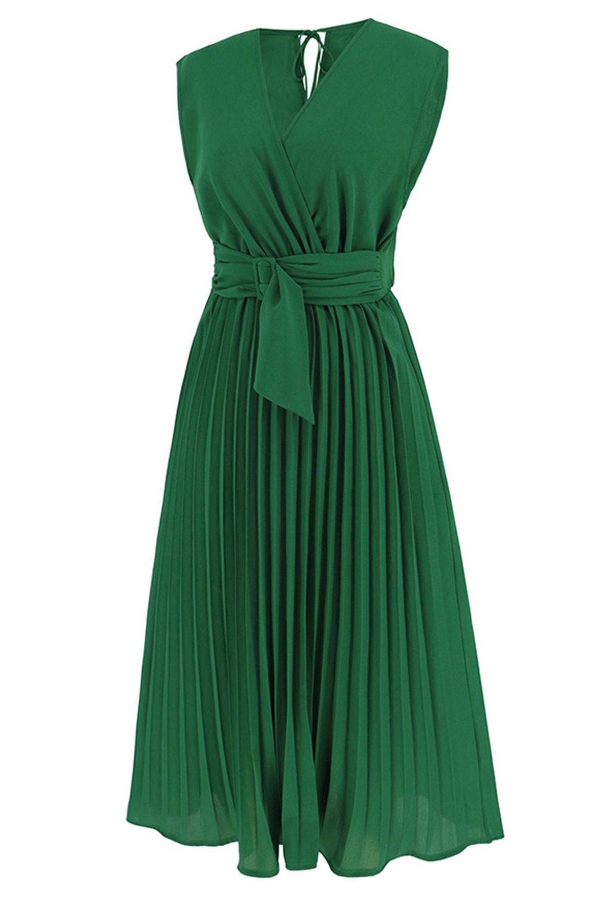 Schärpenverziertes, plissiertes, ärmelloses Wickelkleid in Grün