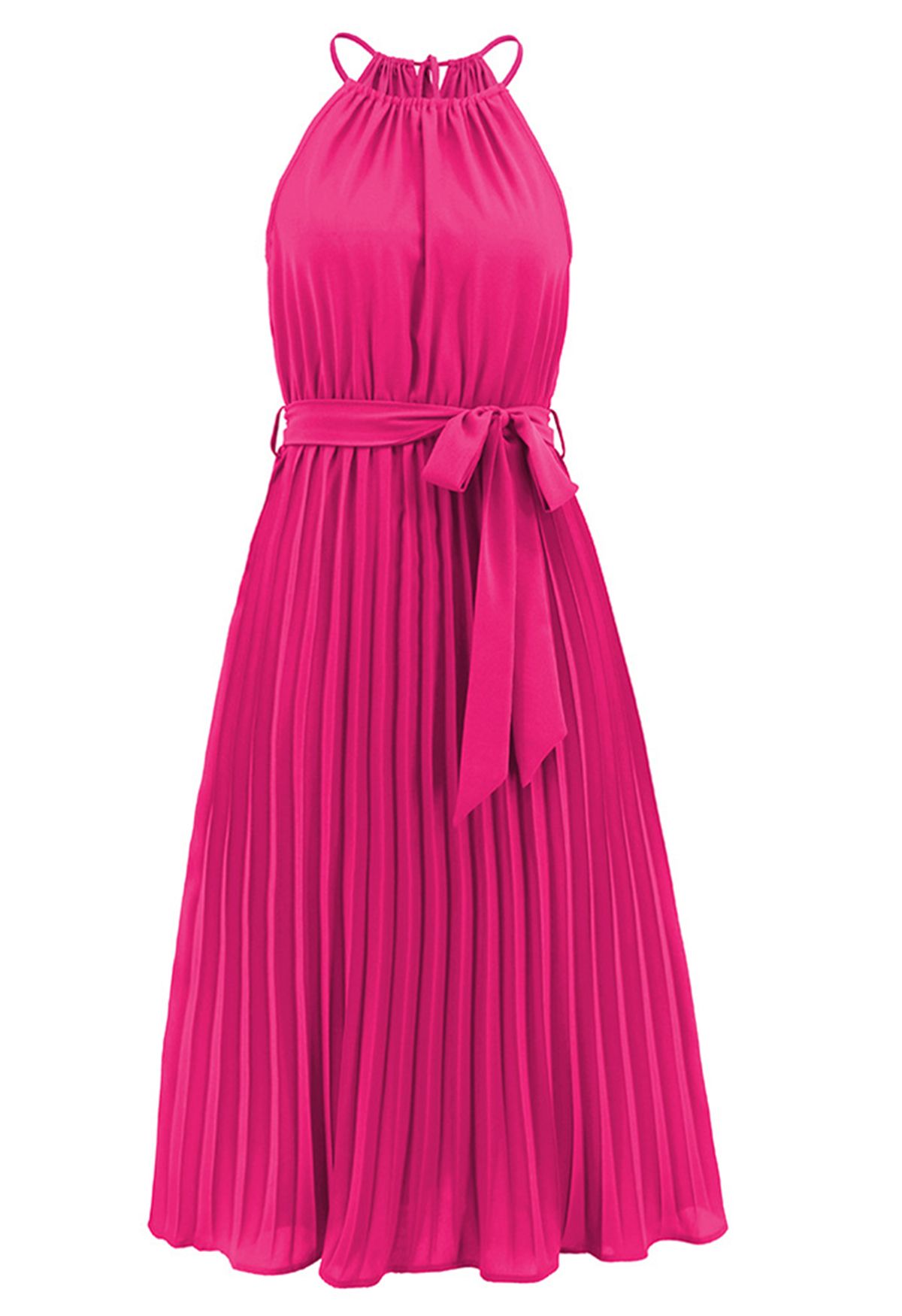 Plisseekleid mit Neckholder und Taillenbund in Hot Pink