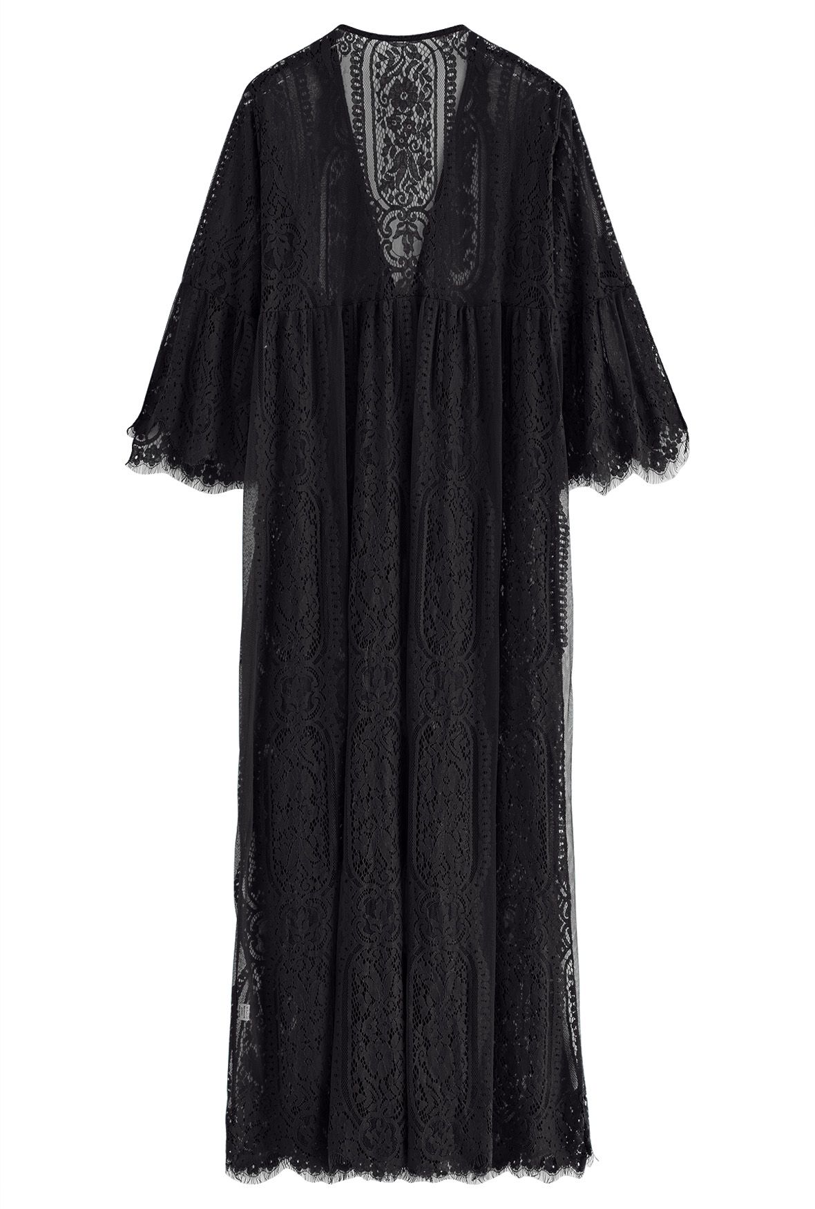 Kimono mit geschlitzten Bündchen und floraler Spitze in Schwarz