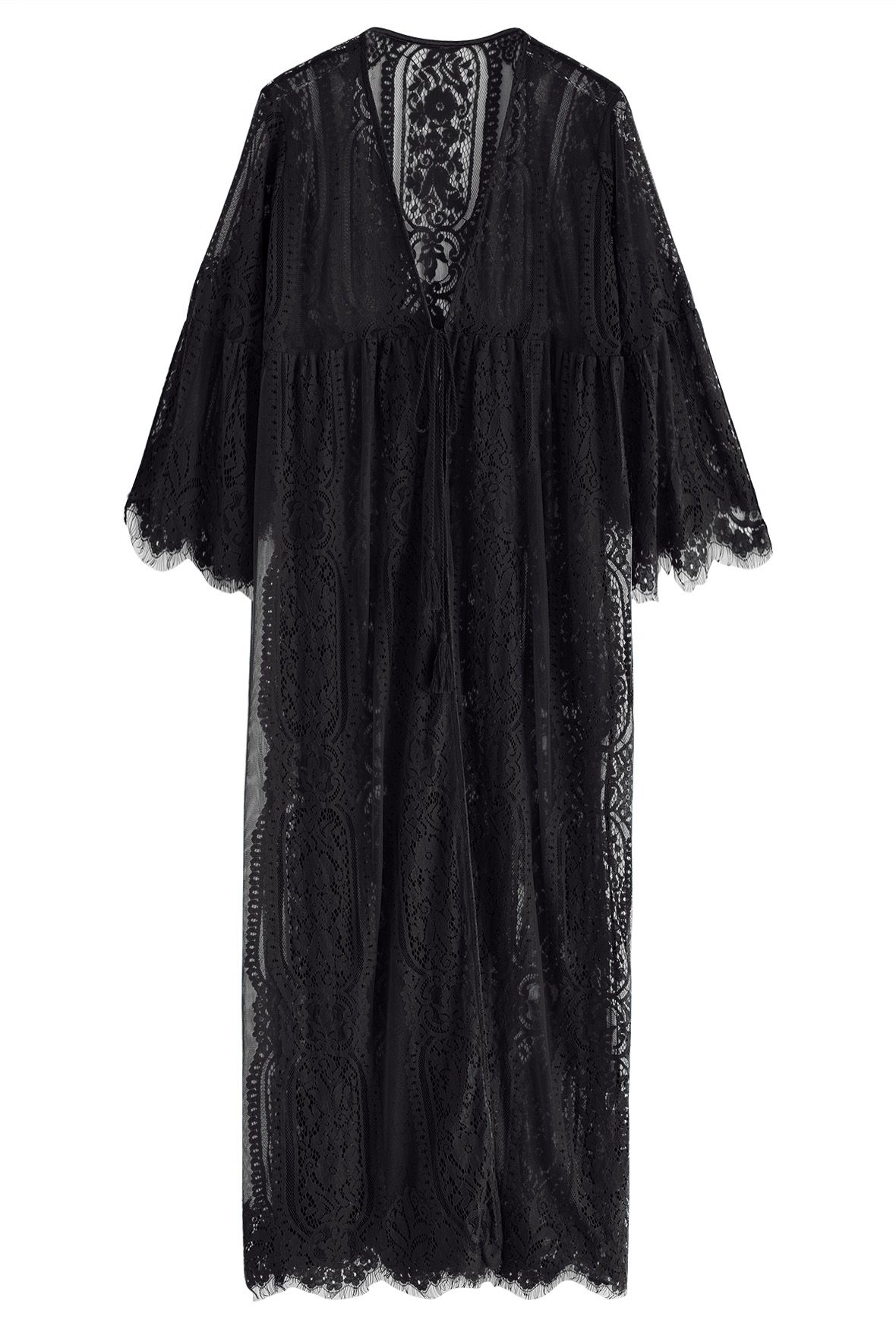 Kimono mit geschlitzten Bündchen und floraler Spitze in Schwarz