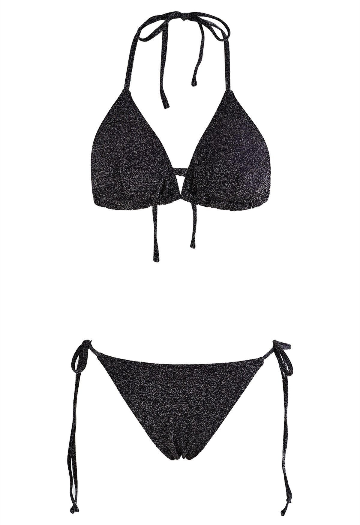 Schillerndes Metallic-Bikini-Set mit Schnürung in Schwarz