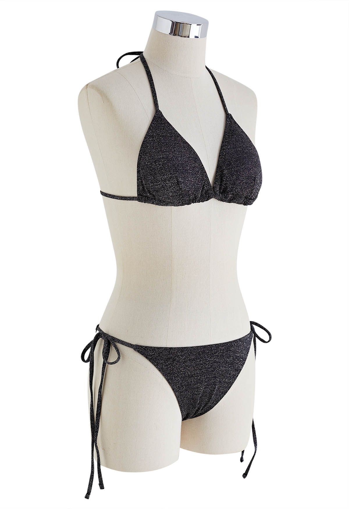 Schillerndes Metallic-Bikini-Set mit Schnürung in Schwarz