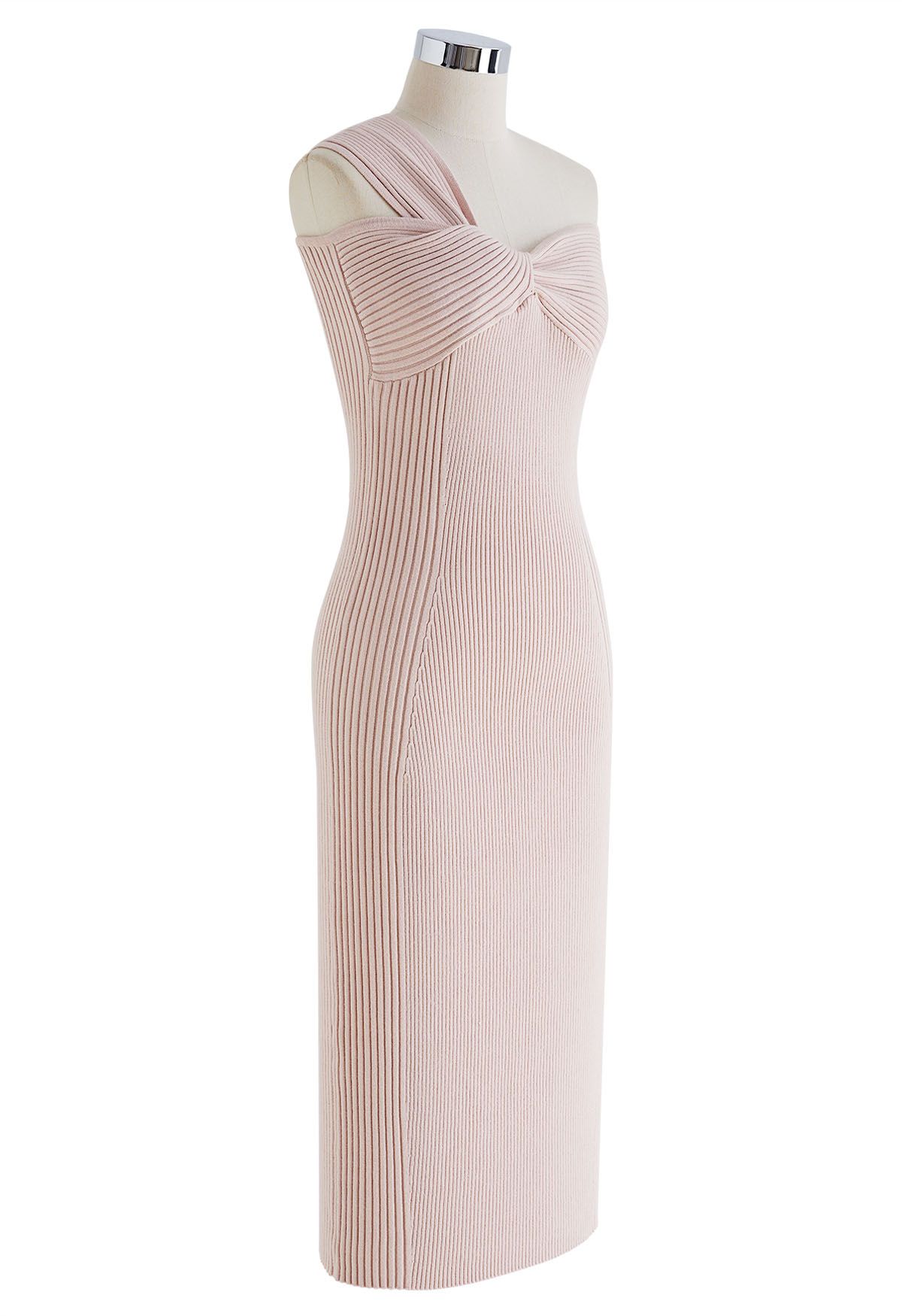 One-Shoulder-geknotetes, figurbetontes Strickkleid in Pink