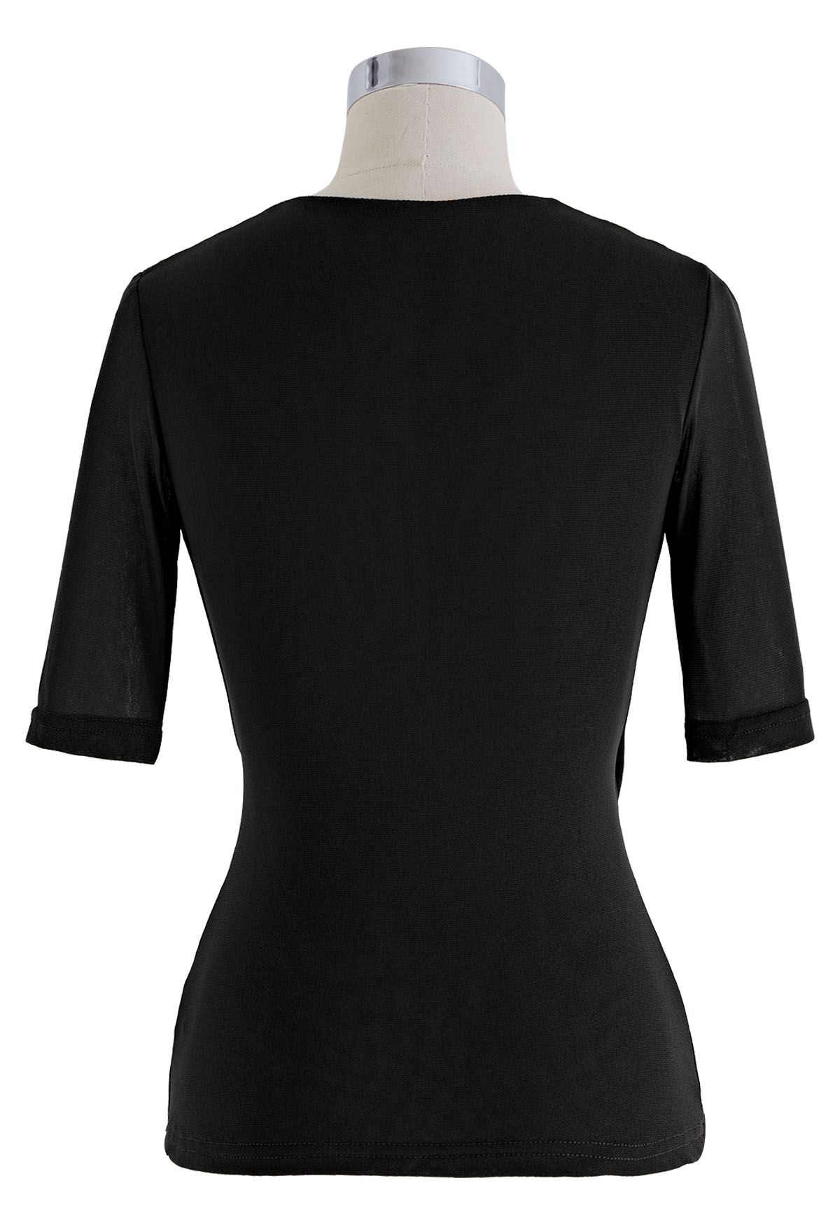 Faux Wrap Soft Mesh Ellbogenärmel Top in Schwarz